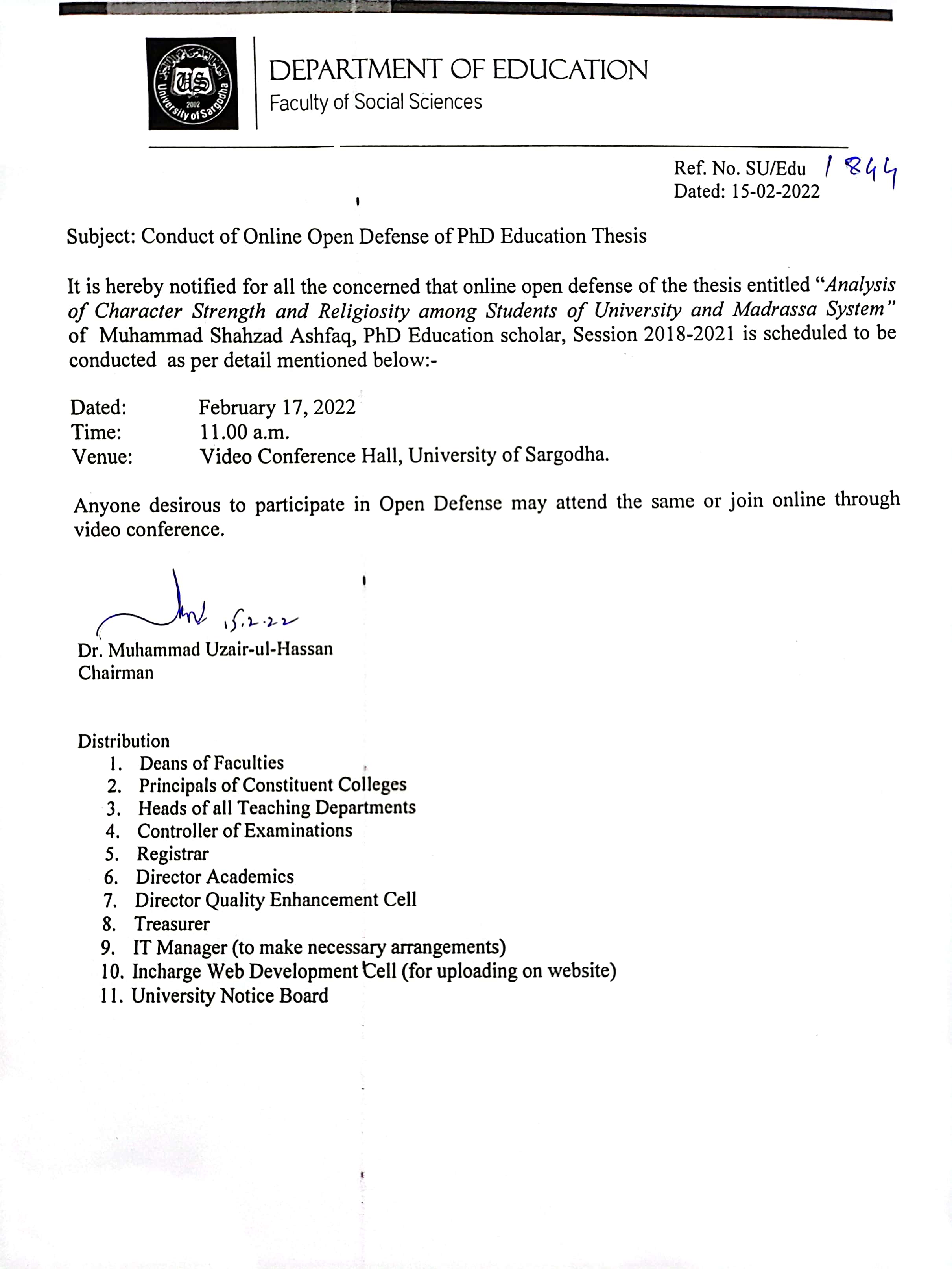 Conduct of Online Open Defense of PhD Education Thesis (Department of Education)
